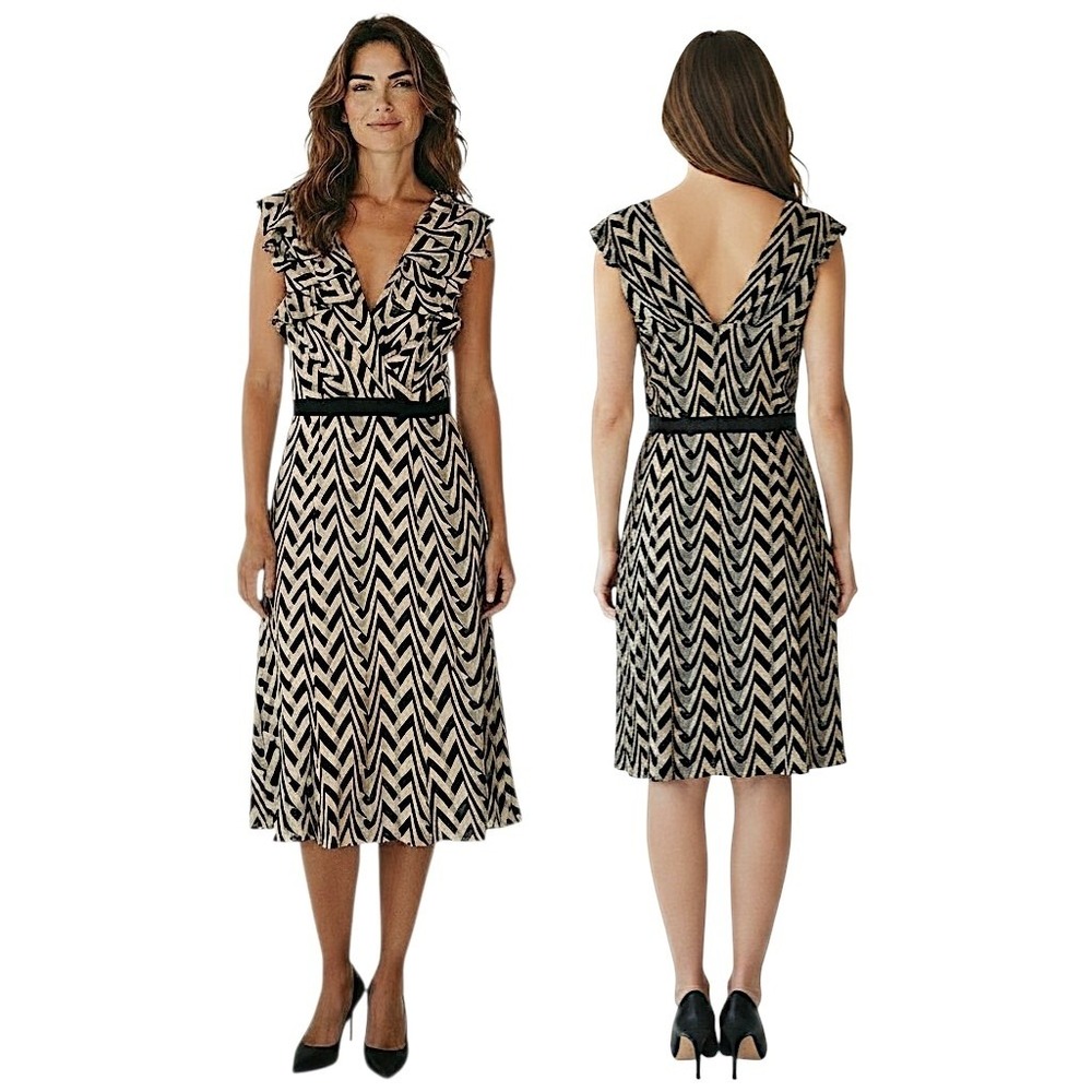 Tracy Reese Silk Dress 6 Black Tan Geometric Ruffle Chevron Cocktail Party Luxe